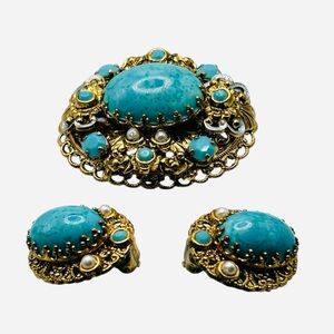 Exquisite W. Germany Blue Glass Brooch and Earring Set